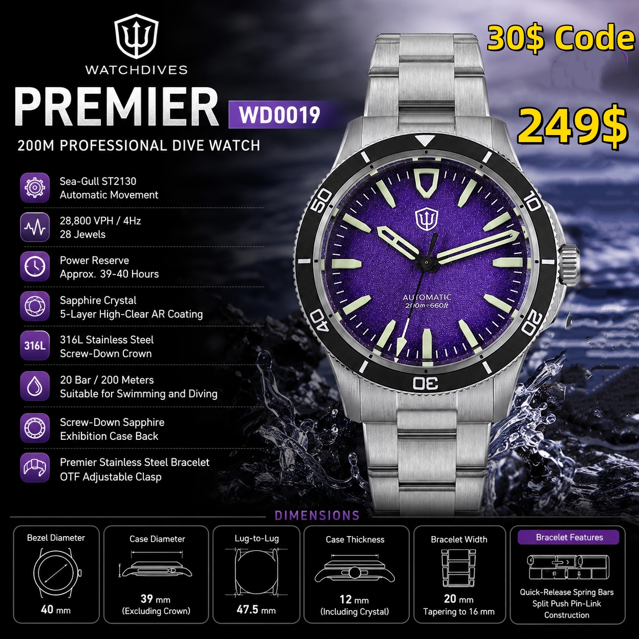 Watchdives Premier WD0019 Auto - Diver Watch 300M avaliação e preço